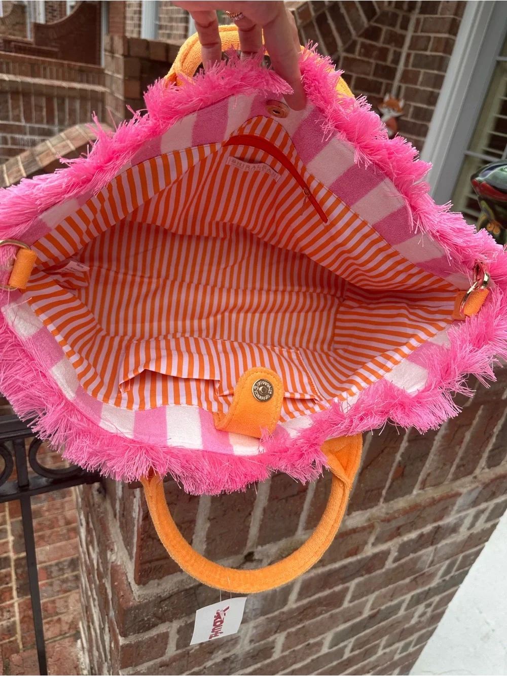 Shiraleah Pink & White Striped Tote Bag with Orange Handles NWT - Picture 4 of 11
